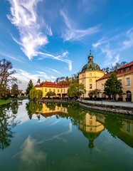 Fototapeta premium A serene landscape of a building by a lake under a blue sky