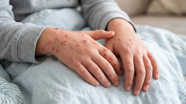 Person sitting with hands on lap showing skin lesions on arms