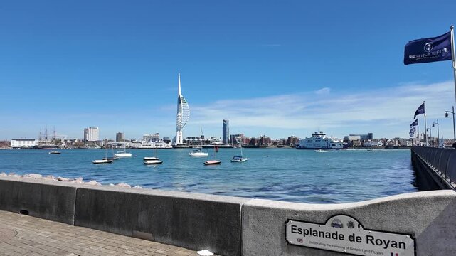 Gosport Hampshire England UK. 28.04.2026, Video. View across Portsmouth Harbour from the Esplanade de Royan on Gosport waterfront, celebrates Twinning of the two towns.