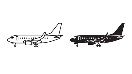 Airplane silhouette with runway-style side view, showing windows and landing gear in minimalist line art style © TAIFUR