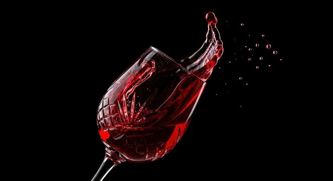 Red wine splashing in glass.