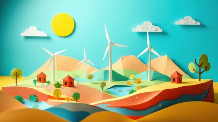 Obraz premium Papercraft landscape depicts rolling hills, homes, wind turbines, sun, clouds. Bright colors create whimsical scene.