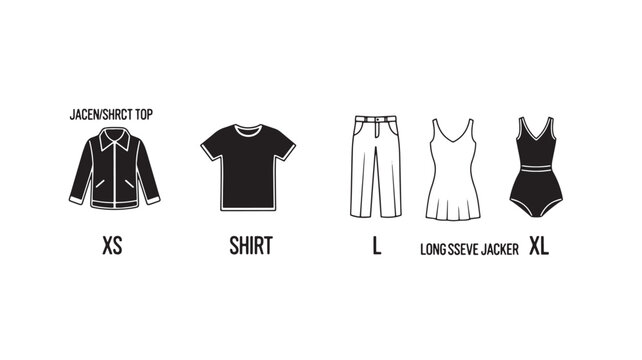 Shirts clothing sizes silhouette set with jacket, t-shirt, skirt, dress, and bodysuit icons for retail apparel layout