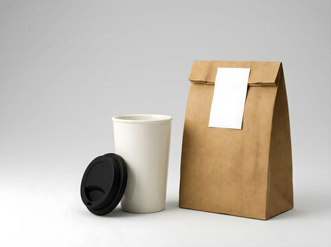 Takeaway coffee cup and paper bag with blank label mockup food bag mockup