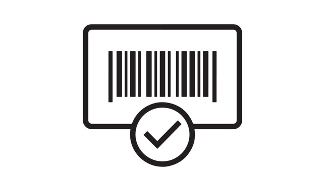 Server silhouette icon with barcode scanning and check mark approval symbol in flat black style for access control