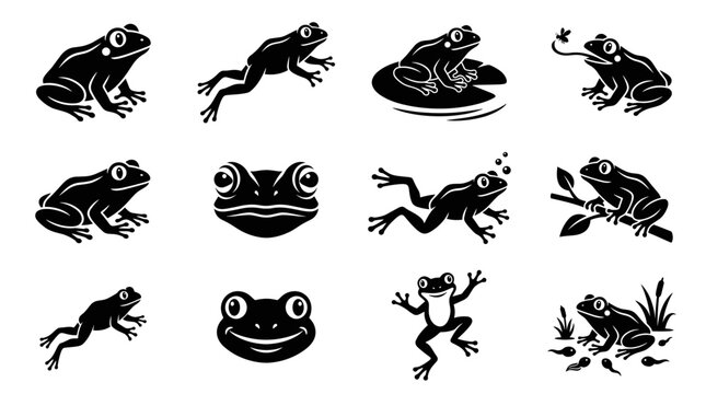 Black and white vector silhouette set of Green Frog