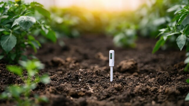 A soil moisture sensor is inserted into the earth between rows of green plants, monitoring soil conditions in a sunlit garden or farm.