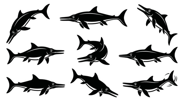 black and white vector silhouette set of Ichthyosaurus