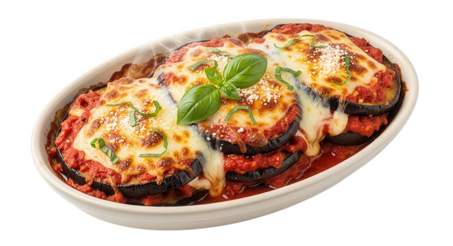 Baked eggplant parmesan with melted mozzarella cheese, tomato sauce, and fresh basil leaves in an oval white ceramic dish