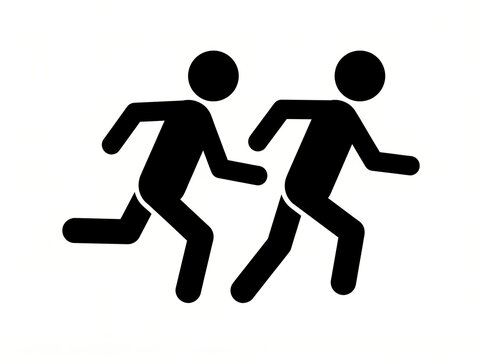 Two stick figure people running on a white background, black silhouettes in motion.