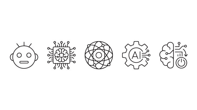 Robot face, AI chip, brain circuit, globe network, and cloud data line icons set for technology concepts