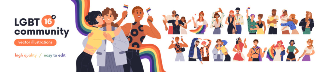 Fototapeta na wymiar LGBTQ community, homosexual people set. LGBT couples, gays, lesbians celebrating pride month at queer parade. Diverse love and sexual freedom. Flat vector illustrations isolated on white background