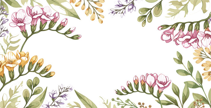 Watercolor Floral Border Frame with Pink Freesia Blossoms Green Leaves and Botanical Corners Elegant Design for Wedding Invitations Cards