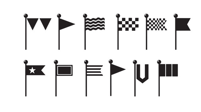 Flags silhouette icon set with black symbols, including checkered, wave, stars, and banner shapes on poles