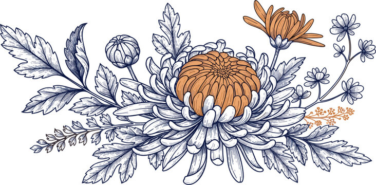 Elegant Chrysanthemum Floral Bouquet Illustration with Vintage Hand Drawn Leaves and Blossoms Decorative Botanical Design for Invitations Packaging Wall Art