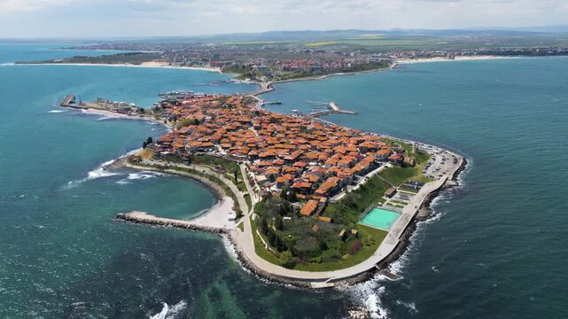 Aerial panoramic view of Old Town Nessebar on a peninsula in the Black Sea