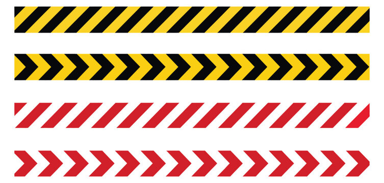 Barricade tape vector, caution warning stripes in red, white, black, and yellow with diagonal pattern, seamless repeatable illustration for safety hazard tape and construction warning design.