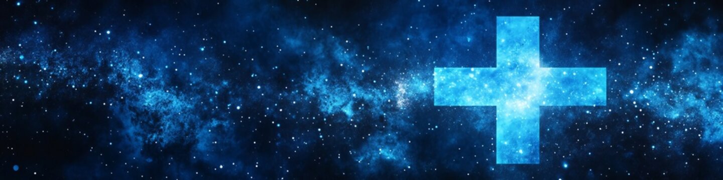 Abstract Healthcare Concept with Galaxy Background and Blue Wallpaper Featuring Medical Plus Sign