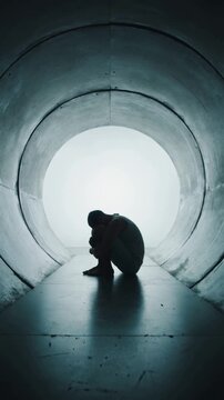Silhouette crouches inside concrete tunnel. Light shines brightly at tunnel's end. Figure appears small, isolated, overwhelmed. Emotion suggests hope, fear, or inner struggle. Ideal for mental health