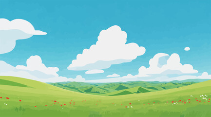 Fototapeta premium Peaceful Rolling Grassland Landscape Under Bright Blue Sky