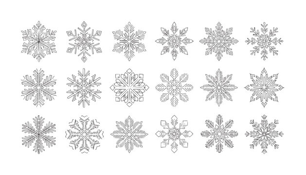 Collection of eighteen unique hand drawn snowflake in grey winter cold pattern
