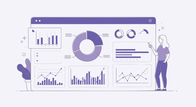 Infographic elements, data visualization icons, business charts, purple vector graphics