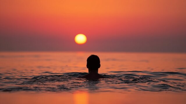 Solitary person, man swimming, bathing in the ocean water during a peaceful summer evening sunset while looking at the bright orange, red sun dipping below the horizon line of the calm sea.
