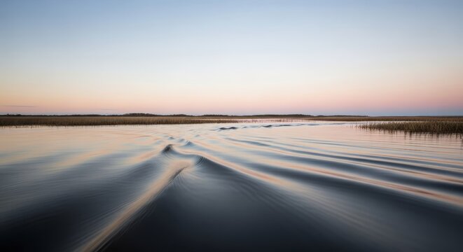 Minimalist Marsh Landscape at Dawn or Dusk with Soft Pastel Sky and Gentle Water Ripples