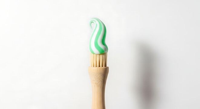 Eco-Friendly Bamboo Toothbrush with Green and White Striped Toothpaste Gel on White Background