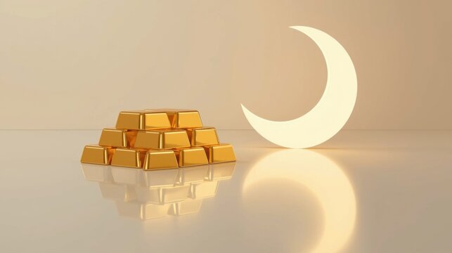 Shariah compliant investment concept with gold bars and crescent moon symbolizing halal finance and wealth