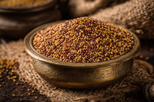 Whole mustard seeds (yellow and brown mixed) in traditional brass bowl