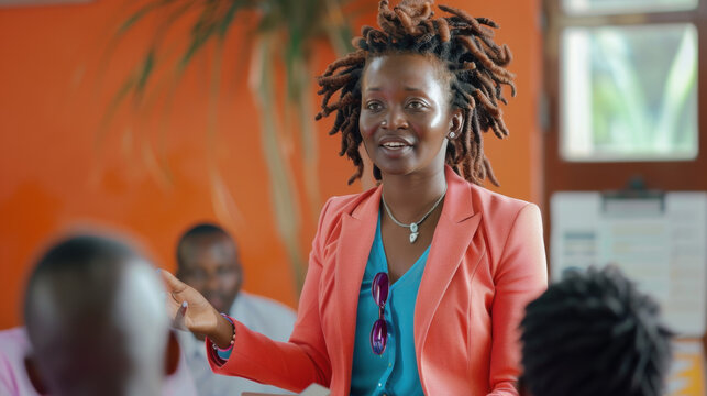 A businesswoman in a bright outfit leading a discussion with an enthusiastic team. --ar 16:9 --v 6 Job ID: bf527979-47e9-400f-8213-af169244d2ac