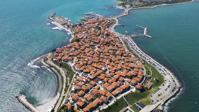 Aerial panoramic view of Old Town Nessebar on a peninsula in the Black Sea