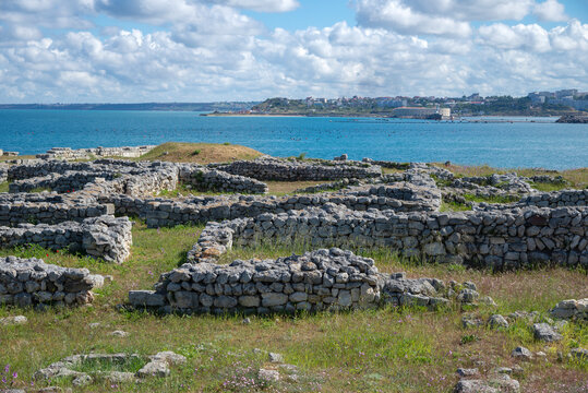 Ruins of an ancient Greek settlement on the Black Sea coast. Tauride Chersonesos, Sevastopol, Crimea