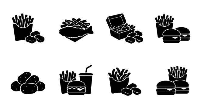 fast food items such as fries burgers shakes and sandwiches in a set silhouette design