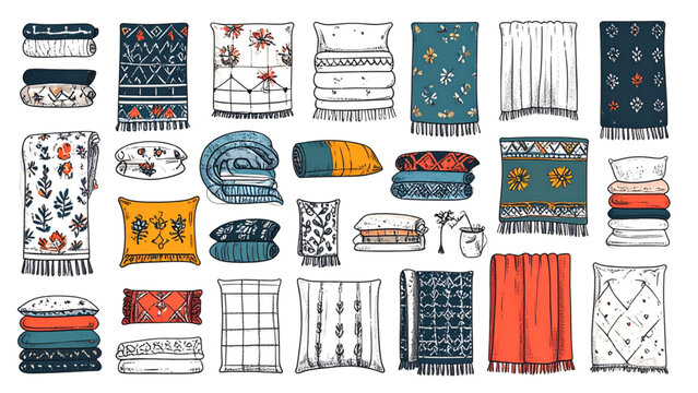 Collection of hand-drawn textile and bedding items for home decor and comfort