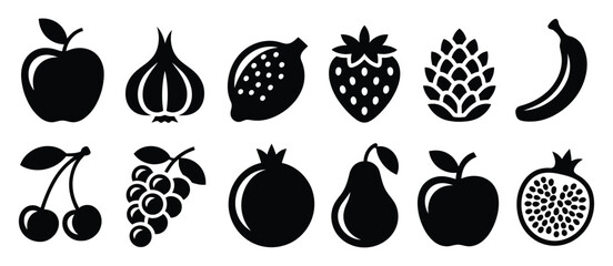 Black fruit and berry silhouettes set, geometric flat style vector illustrations with scrapbook collage abstract shapes, modern organic composition for creative branding, packaging design, © Mizu Ahmed 2