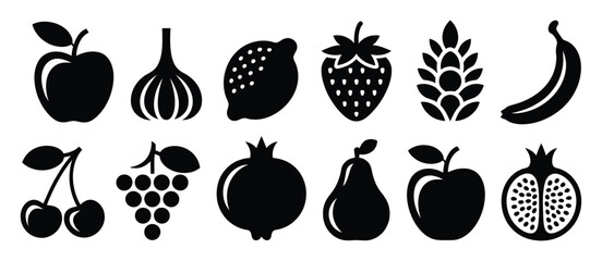 Black berry and fruit silhouettes bundle, minimal flat vector illustrations with collage style shapes and organic geometry, suitable for contemporary design systems, posters, editorial graphics,  © Mizu Ahmed 2