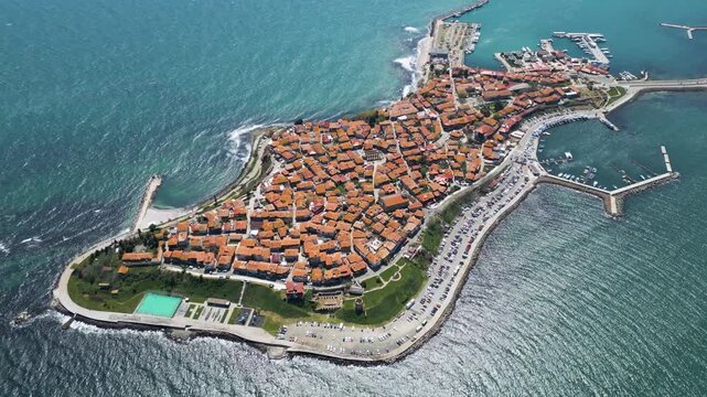 Aerial panoramic view of Old Town Nessebar on a peninsula in the Black Sea