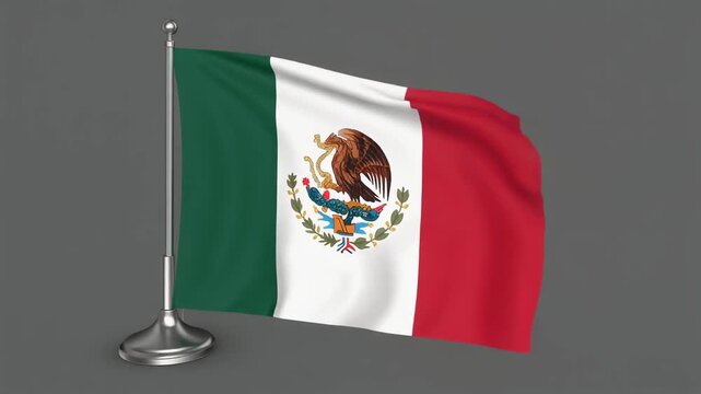 Mexican flag on silver pole, green-white-red stripes, central eagle on cactus holding serpent, national coat of arms symbolizing heritage.