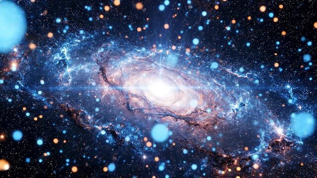 A vibrant, swirling galaxy with a bright core surrounded by numerous stars and celestial bodies in a deep blue and orange hue