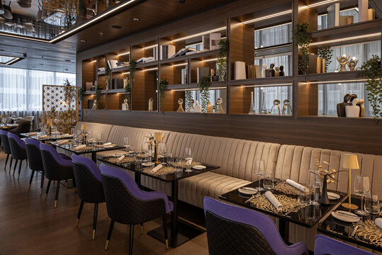 Elegant modern restaurant interior with upholstered seating, stylish table settings, decorative shelving, and warm ambient lighting