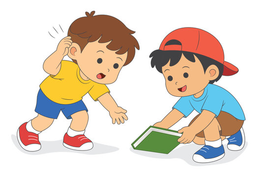 Kid picking up dropped book for friend, helping classmate at school
