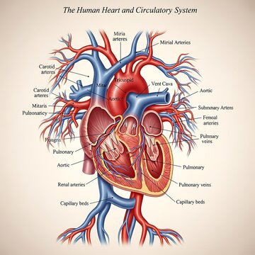 Detailed illustration of the human heart and circulatory system with labels.