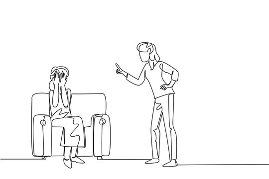 Simple single line drawing illustrates woman aggressively scolding elderly lady sitting on couch. Abuse concept fit brilliantly with World Elder Abuse Awareness Day counseling material and web blog