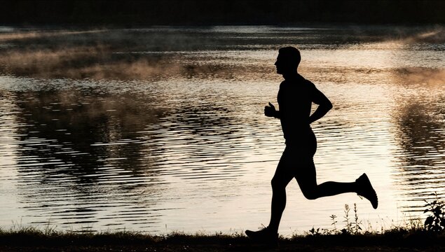 Silhouette of man running along misty lake at sunrise ideal for wellness health inspiration and morning fitness motivation branding