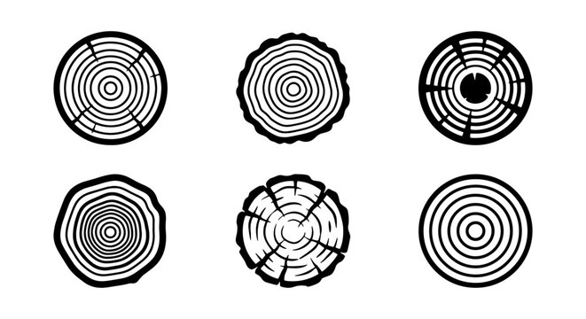 vector set of tree ring silhouettes on white background