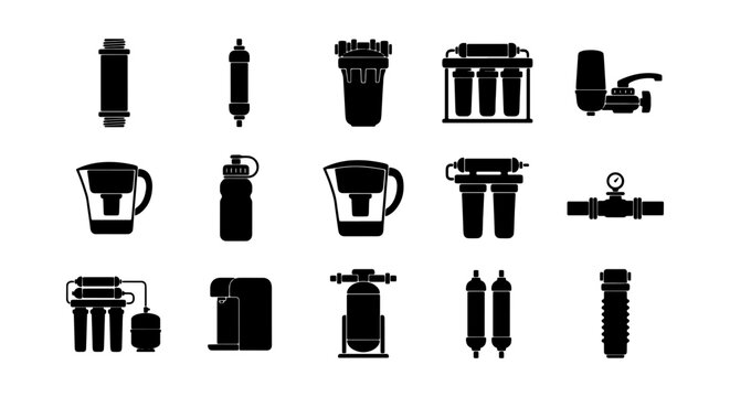 vector water filtration system icons on white background