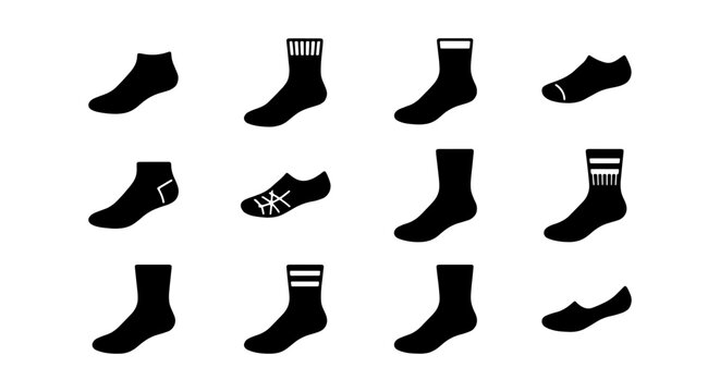 a set of twelve black and white vector icons representing different types of socks on a transparent background