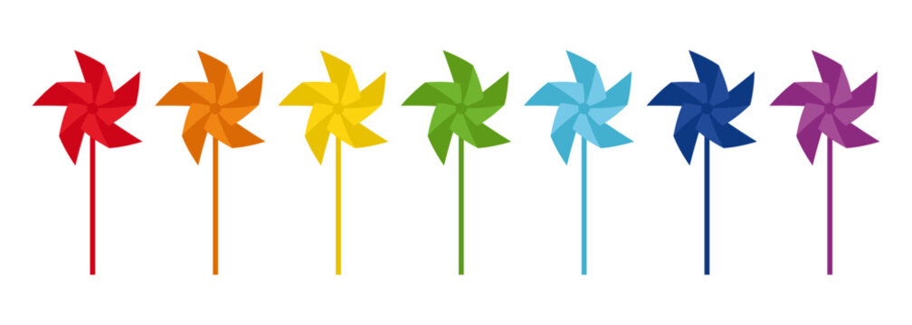Rainbow pinwheel set colorful windmill toys collection bright spinning paper pinwheels in vivid palette playful summer decoration children toy symbols cheerful multicolor shapes design